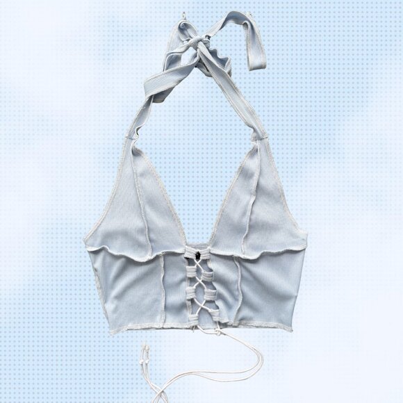 SHEIN Tops - SHEIN Light Blue Ribbed Lace Up Halter Top Corset Style Y2K S